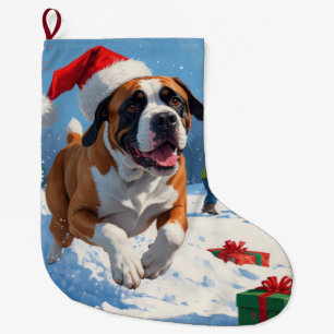 Cane Corso Running in Snow with Christmas Hat Large Christmas Stocking