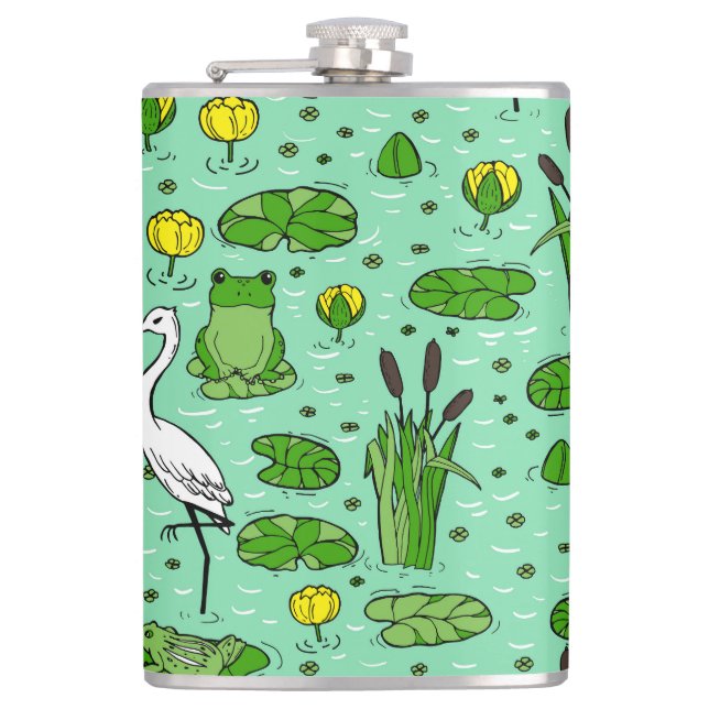 Canes, herons, lilies: vintage swarm. hip flask (Front)