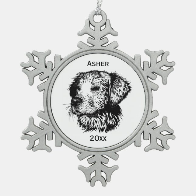 Canine Head Sketch Name and Year Snowflake Pewter Christmas Ornament (Front)