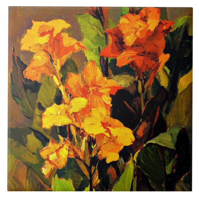 Canna Lilies, floral painting by Franz Bischoff Ceramic Tile (Front)
