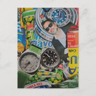 Canned Watches Food and Man Collage Postcard