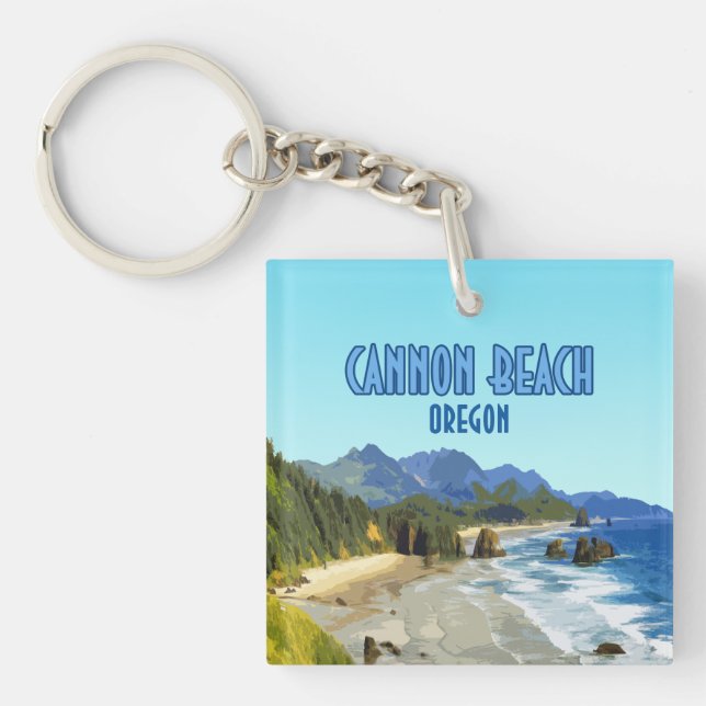 Cannon Beach Oregon Coast Vintage Key Ring (Front)