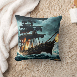 Cannon-Firing Pirate Ship on Stormy Seas Cushion