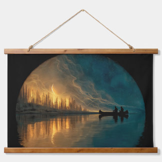 Canoe and crescent moon on a lake hanging tapestry