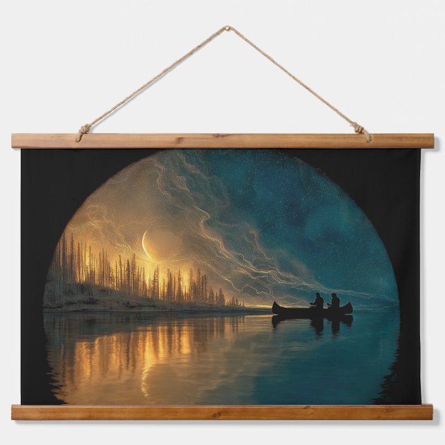 Canoe and crescent moon on a lake hanging tapestry (Front)