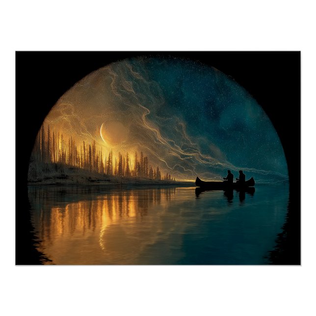 Canoe and crescent moon on a lake poster (Front)