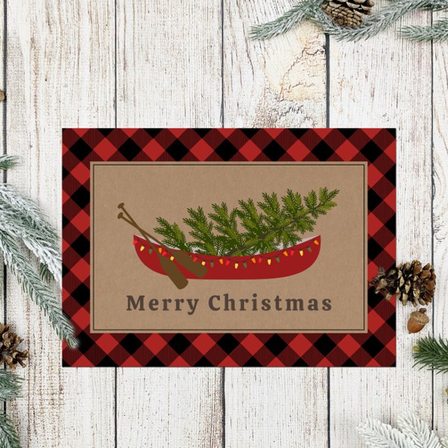 Canoe Christmas Tree Plaid Holiday Card (Creator Uploaded)
