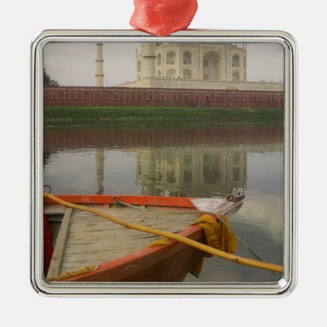 Canoe in water with Taj Mahal, Agra, India Metal Ornament (Front)