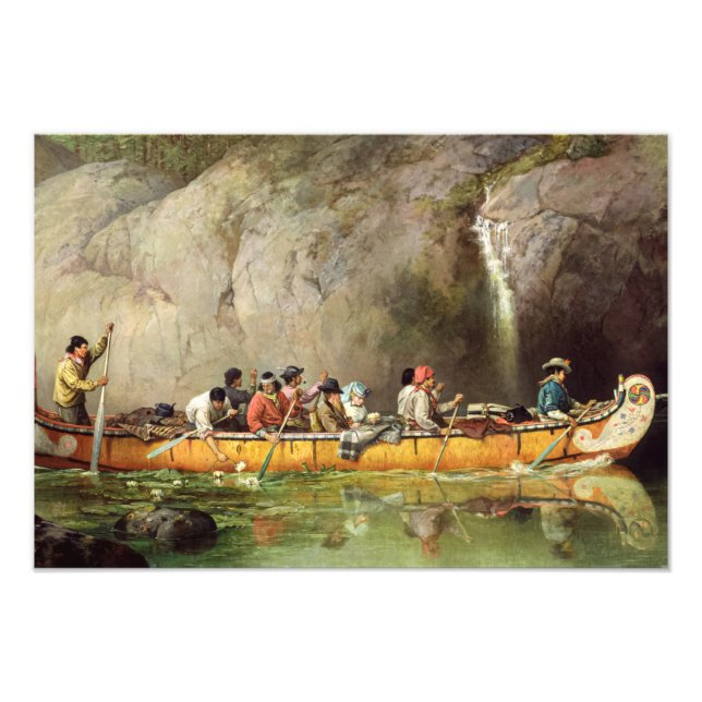 Canoe Manned by Voyageurs Passing a Waterfall Photo Print (Front)