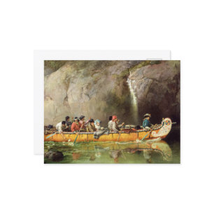 Canoe Manned by Voyageurs Passing a Waterfall Postcard