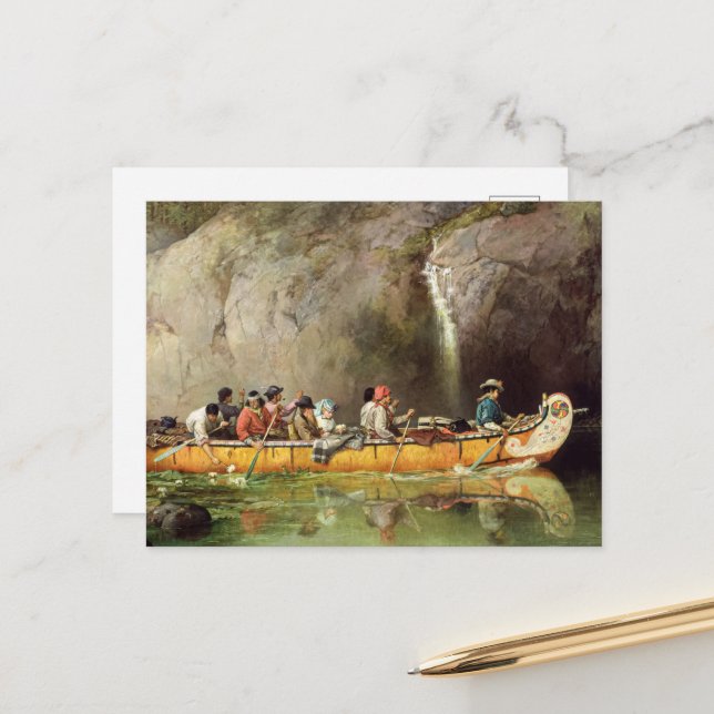 Canoe Manned by Voyageurs Passing a Waterfall Postcard (Front/Back In Situ)