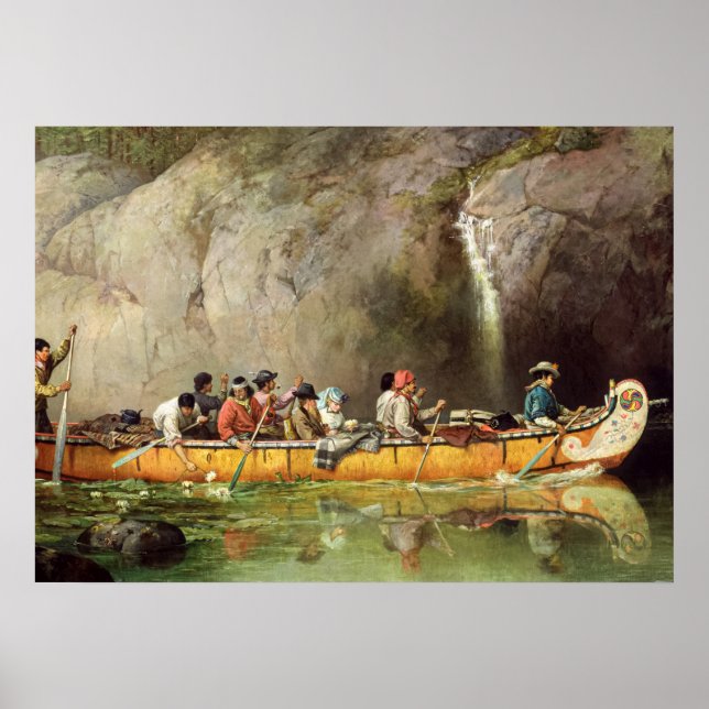 Canoe Manned by Voyageurs Passing a Waterfall Poster (Front)