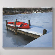Canoe on a snowy dock