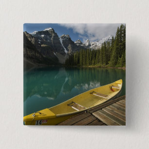 Canoe parked at a dock along Moraine Lake, Banff 15 Cm Square Badge