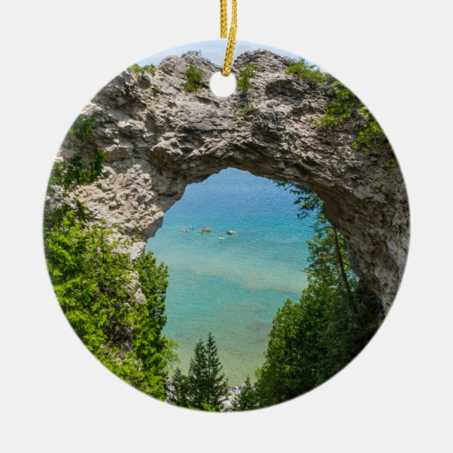 Canoeing At Arch Rock Ceramic Ornament (Front)