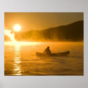 Canoeing in Lily Bay at sunrise, Moosehead Lake, Poster
