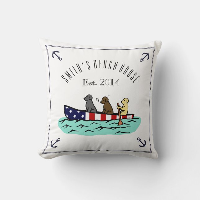 Canoeing Labrador Beach House Pillow (Front)
