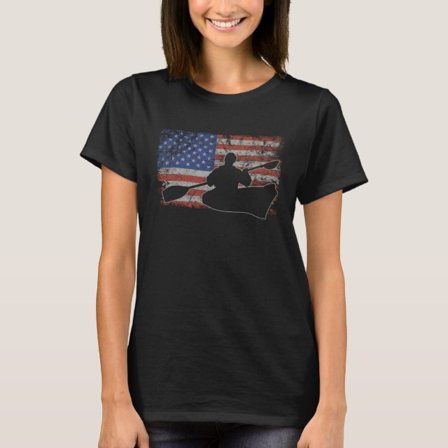 Canoeing Retro USA Flag Kayak 4th of July Canoe T-Shirt (Front)
