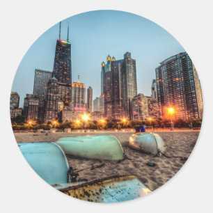 Canoes on Oak Street Beach a little after sunset Classic Round Sticker
