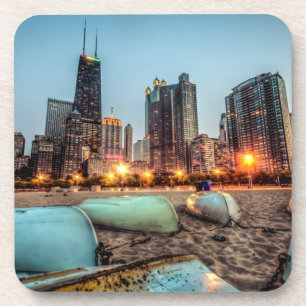 Canoes on Oak Street Beach a little after sunset Coaster