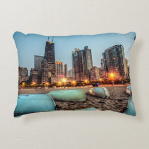Canoes on Oak Street Beach a little after sunset Decorative Cushion