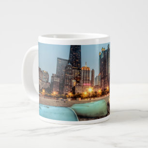 Canoes on Oak Street Beach a little after sunset Large Coffee Mug