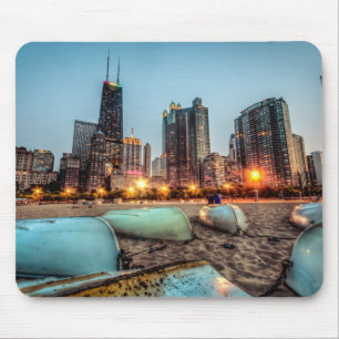 Canoes on Oak Street Beach a little after sunset Mouse Pad