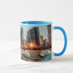 Canoes on Oak Street Beach a little after sunset Mug