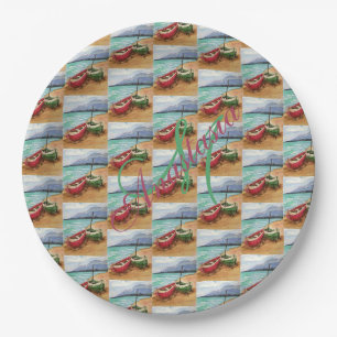 CANOES STRANDED ON THE BEACH MONOGRAM PARTY PAPER PLATE