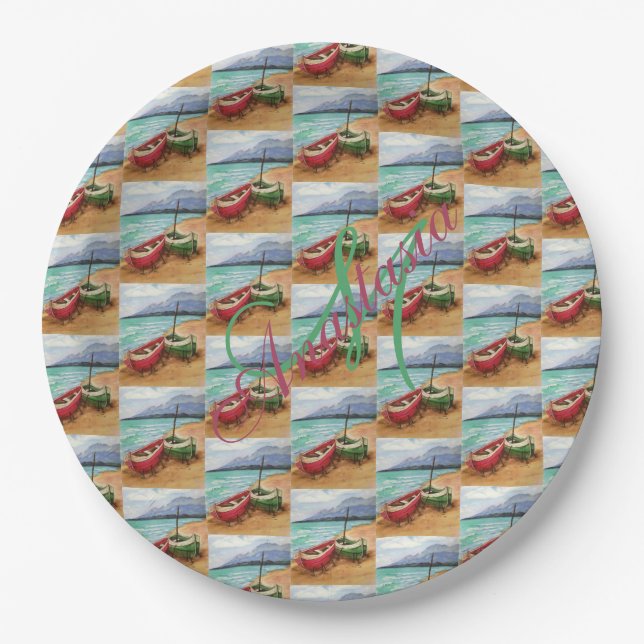 CANOES STRANDED ON THE BEACH MONOGRAM PARTY PAPER PLATE (Front)