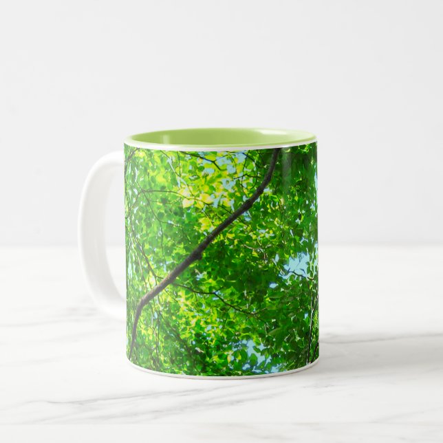 Canopy of Green, Leafy Branches with Blue Sky    Two-Tone Coffee Mug (Front Left)