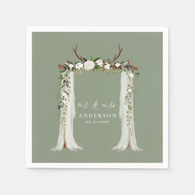 Canopy rustic botanical wedding mr and mrs script  napkin (Front)