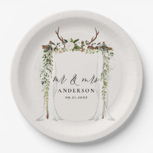Canopy rustic botanical wedding mr and mrs script paper plate