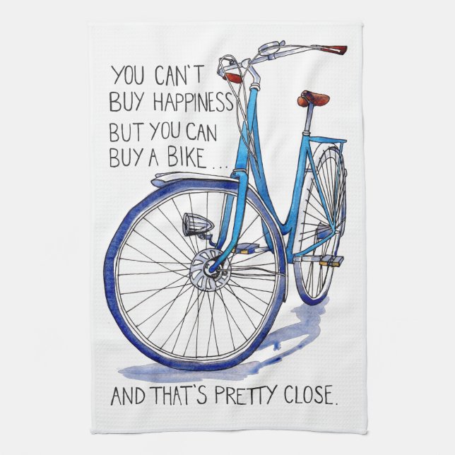 Can't buy happiness, blue bike tea towel (Vertical)