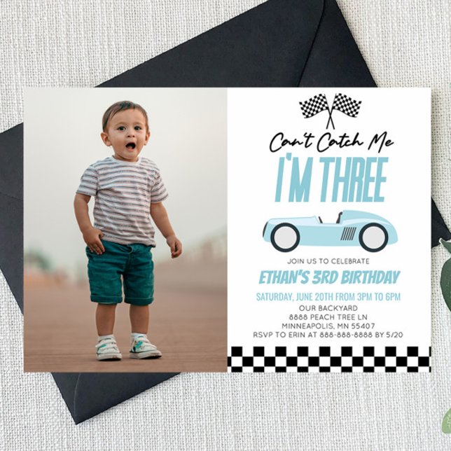 Can't Catch Me Blue Race Car 3rd Birthday Party Invitation (Creator Uploaded)