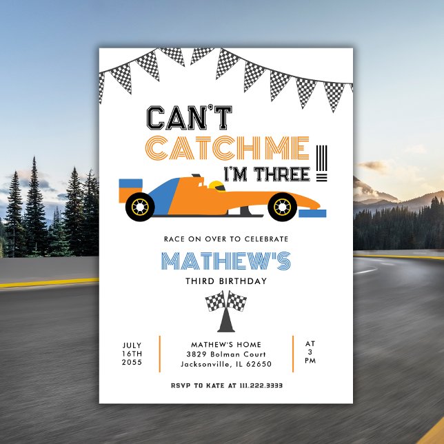 Can't Catch Me I'm Three Race Car 3rd Birthday  Invitation (Creator Uploaded)