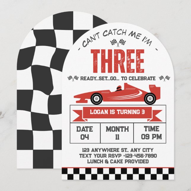 Can't Catch Me I'm Three Race Car 3rd Birthday  Invitation (Front/Back)