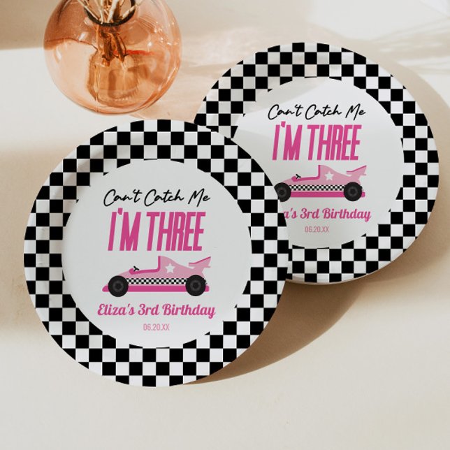 Can't Catch Me Pink Race Car 3rd Birthday Party Paper Plate (Creator Uploaded)