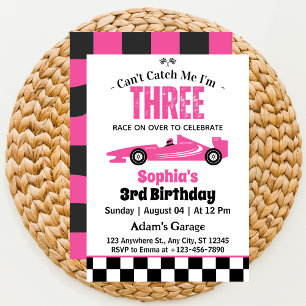 Can't Catch Me Pink Race Car Girl 3rd Birthday Invitation