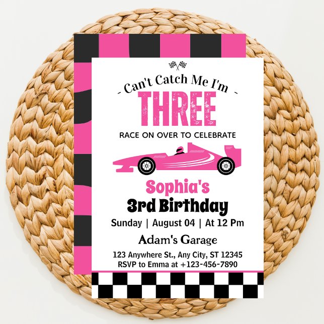 Can't Catch Me Pink Race Car Girl 3rd Birthday  Invitation (Creator Uploaded)