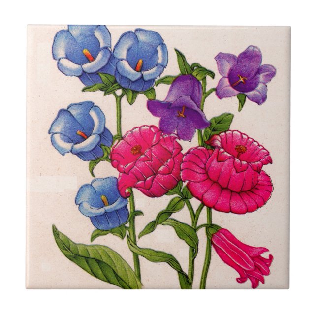 Canterbury bells in blue red and purple ceramic tile (Front)