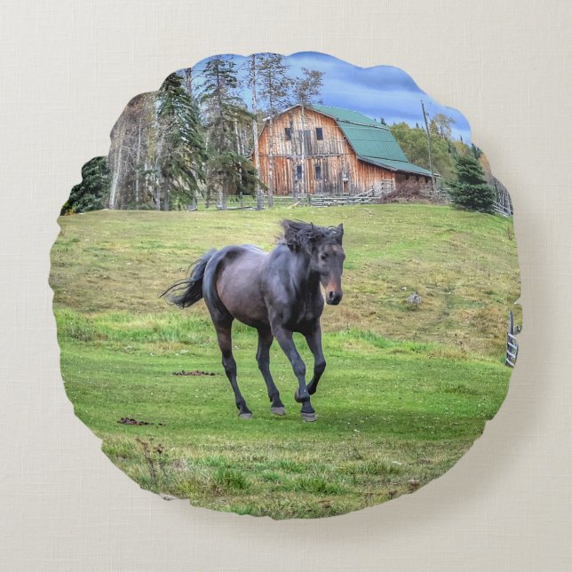 Cantering Black Percheron Horse Equine Photo 2 Round Cushion (Front)
