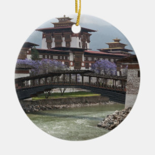 Cantilevered bridge near Punakha Dzong palace Ceramic Tree Decoration