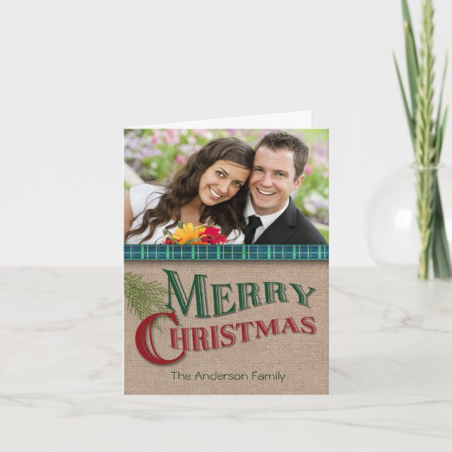 Canvas Green and Aqua Plaid Christmas Photo Card (Front)