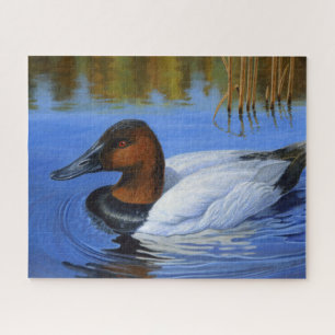 Canvasback Duck Swimming, Reeds, Acrylic Painting Jigsaw Puzzle