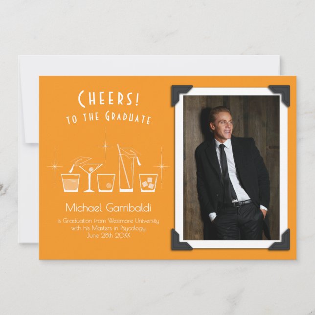 Cap and Cocktail Graduation Announcement Orange (Front)