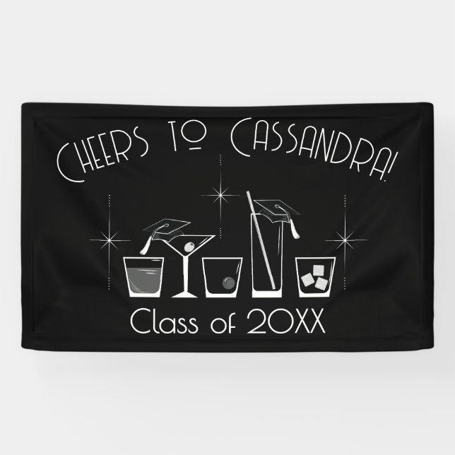 Cap and Cocktail Graduation Party Black Banner (Horizontal)