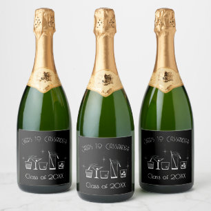 Cap and Cocktail Graduation Party Black Bar Menu Sparkling Wine Label
