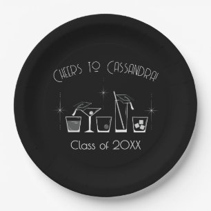 Cap and Cocktail Graduation Party Black Paper Plate
