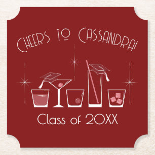 Cap and Cocktail Graduation Party Maroon Paper Coaster